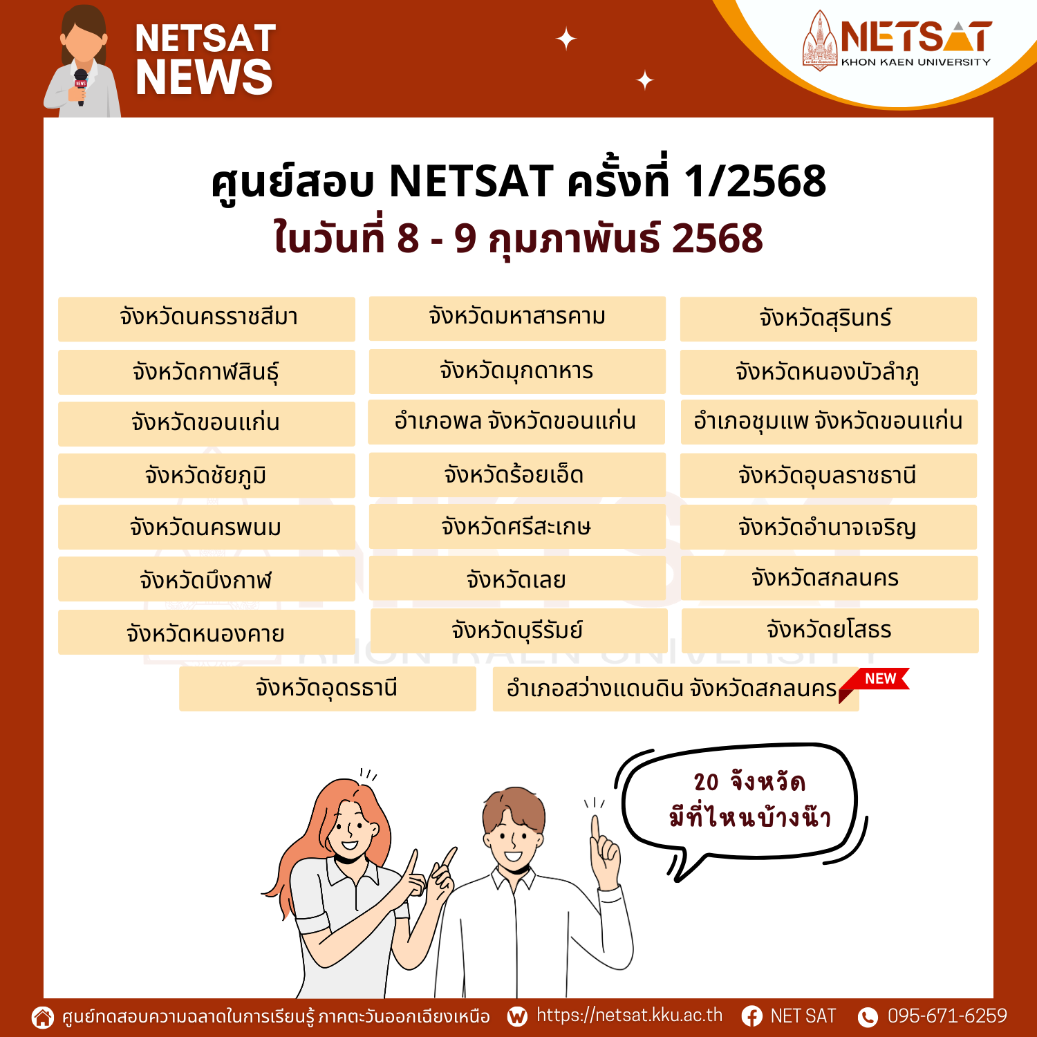 ศูนย์สอบทั้งหมด 20 จังหวัด ในการทดสอบ NETSAT ครั้งที่ 1/2568